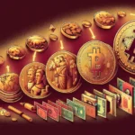 Historie peněz - na obrázku je zobrazeno od mincí až po měnu a bitcoiny